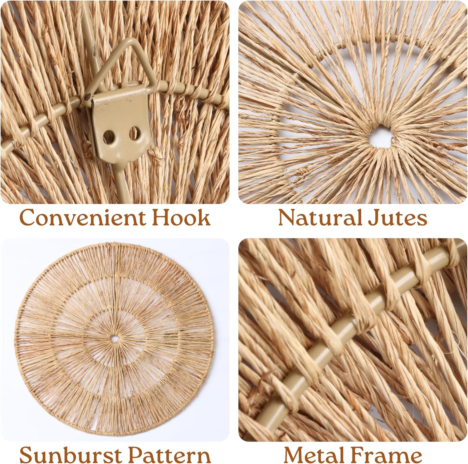 Natural jute wicker wall basket close-up showing handwoven sunburst pattern and hanging hook