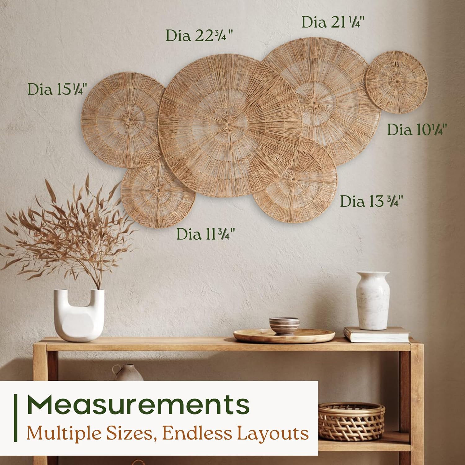 Size chart for boho wicker wall basket set — 23, 21, 15, 13, 12, and 10 inch diameters